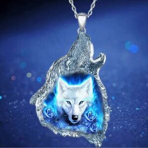 Blue Roses Wolf Pendant Silver Necklace - Women Jewelry